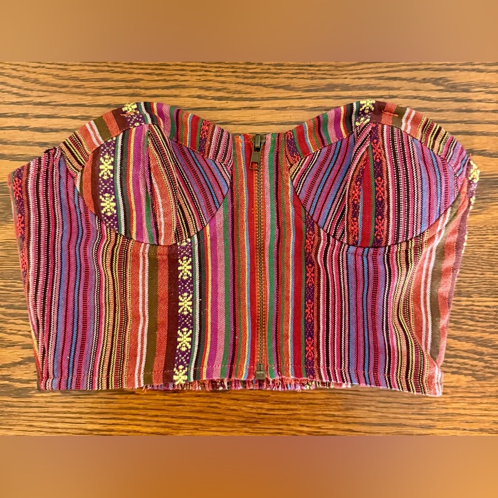 90’s Boho Colorful Striped Weave Sweetheart Neckline Front Zipper Bustier - Picture 4 of 7